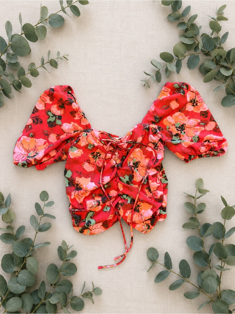 H&M Floral Puff Sleeve Corset Crop Top Boho Cottagecore Medium